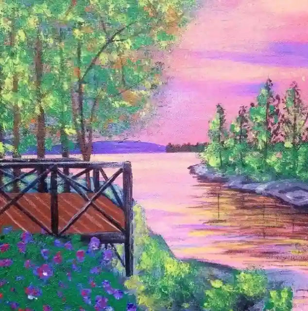 A colorful landscape painting of a lakeside scene at sunset, with green trees, purple flowers, a wooden deck in the foreground, and pink and purple sky reflections on the water.
