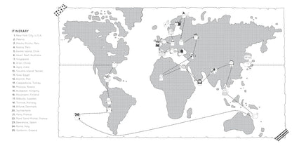 World map with travel itinerary marked on it