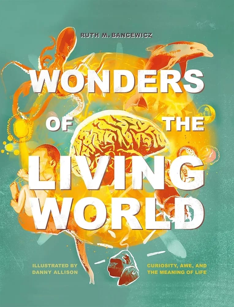 Book cover of 'Wonders of the Living World' with brain illustration and colorful design.