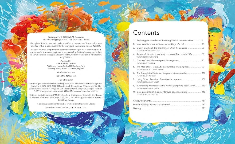 Contents page of a book with colorful underwater scene design