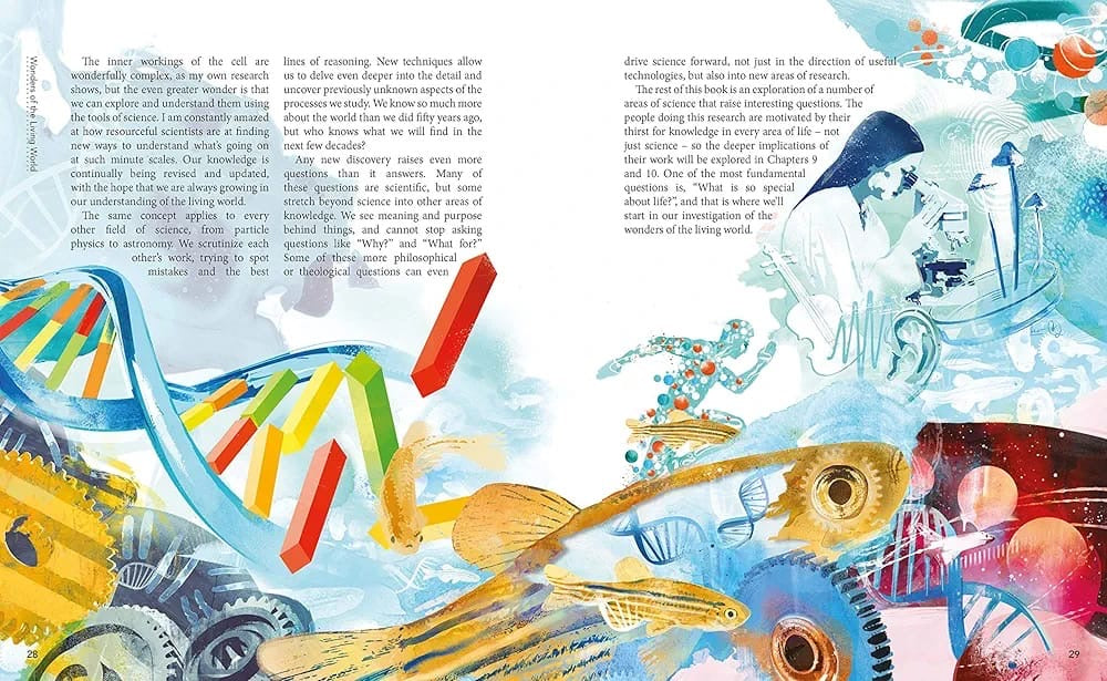 Illustrated page with scientific elements and text, featuring a person in a lab coat and DNA strands.