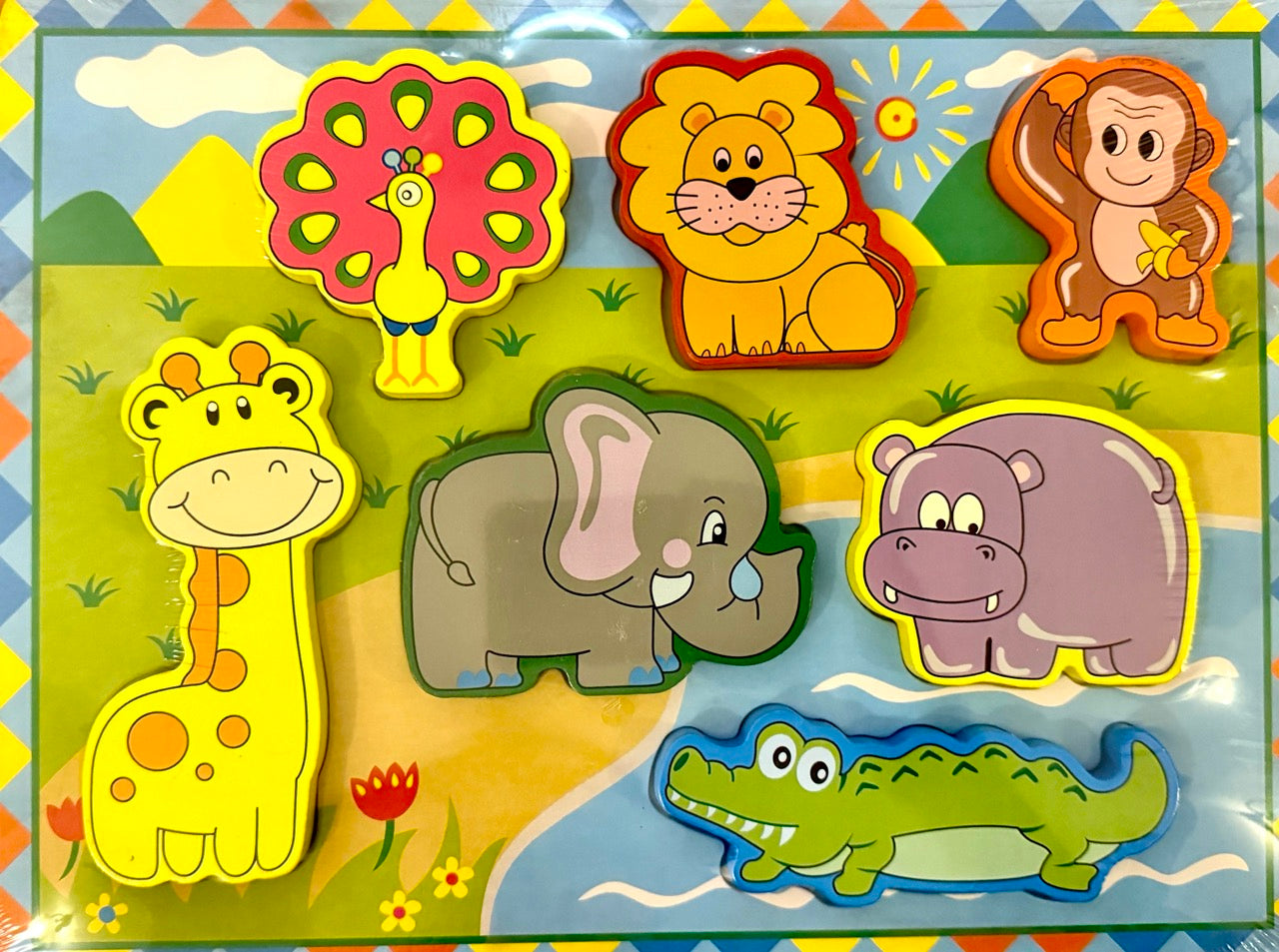 Set of colorful animal-shaped puzzles on a matching background