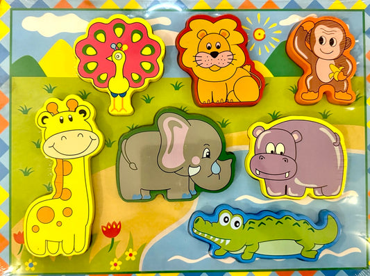 Set of colorful animal-shaped puzzles on a matching background
