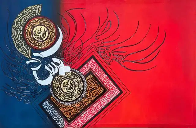 An abstract art print or painting featuring a bold diagonal split of deep blue on the left and vibrant red on the right, with ornate gold, black, and white calligraphic and geometric motifs.