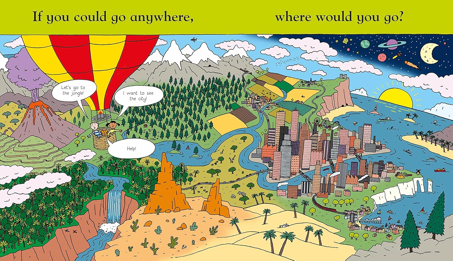 Cartoon world map with various landscapes and a hot air balloon, asking 'If you could go anywhere, where would you go?'
