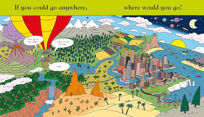 Cartoon world map with various landscapes and a hot air balloon, asking 'If you could go anywhere, where would you go?'