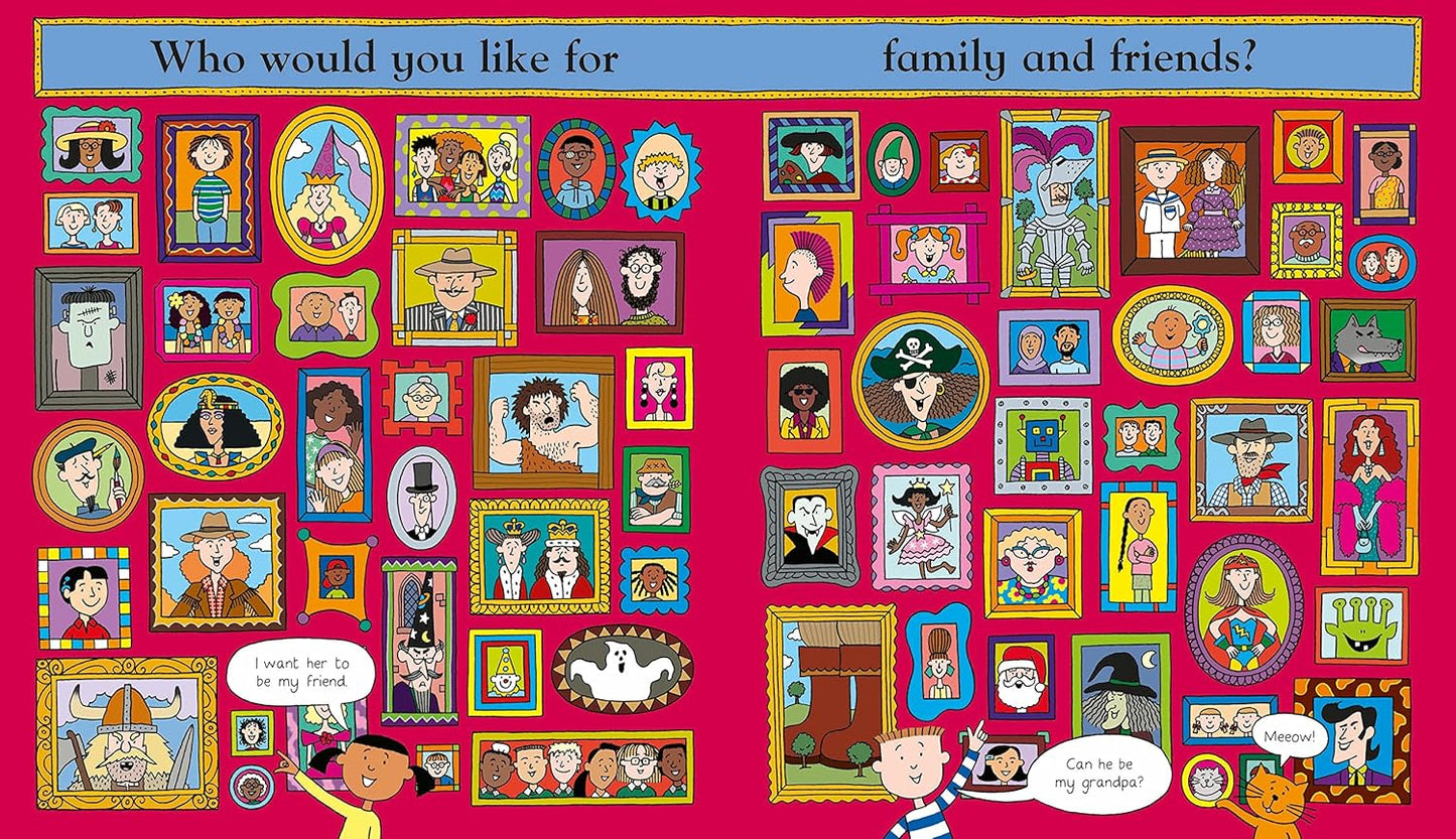 Colorful board with cartoon characters and text on a pink background