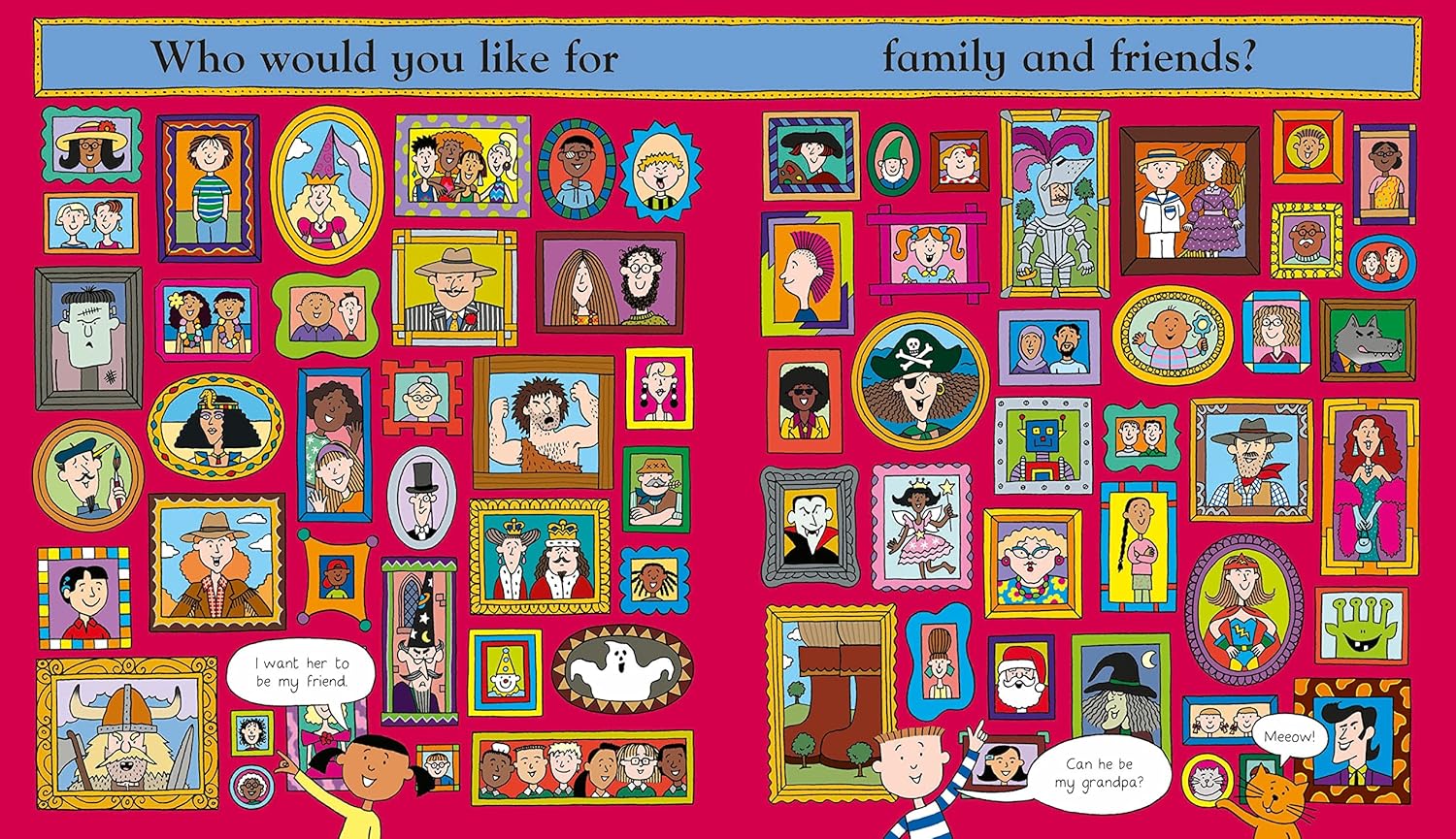 Colorful board with cartoon characters and text on a pink background