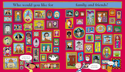Colorful board with cartoon characters and text on a pink background