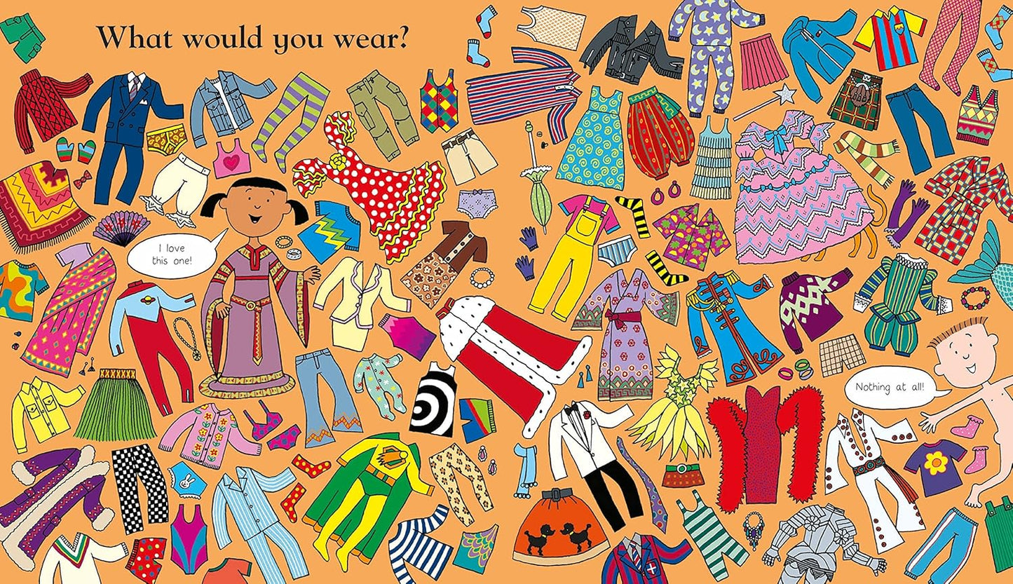 Colorful children's book page with paper dolls and clothing items on an orange background.