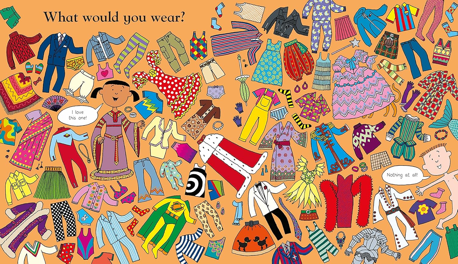 Colorful children's book page with paper dolls and clothing items on an orange background.