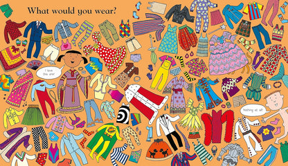 Colorful children's book page with paper dolls and clothing items on an orange background.