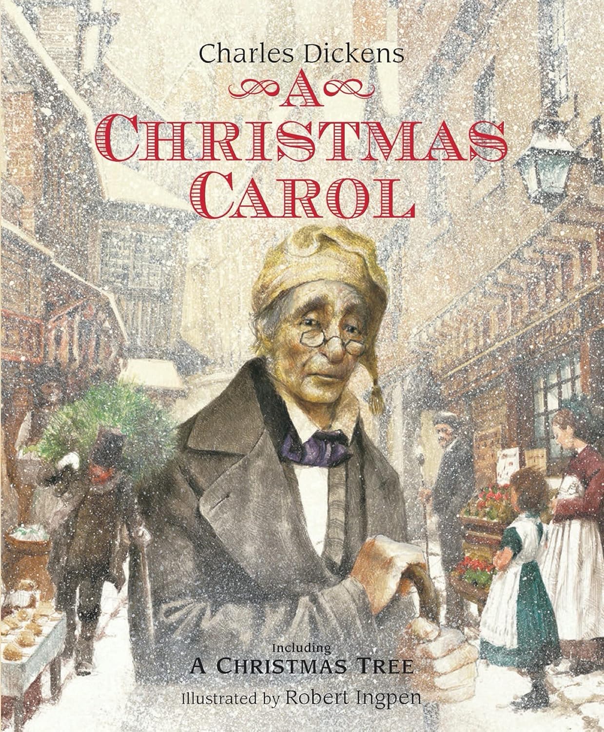 Book cover of 'A Christmas Carol' by Charles Dickens with an illustration of a man in a snowy street scene.