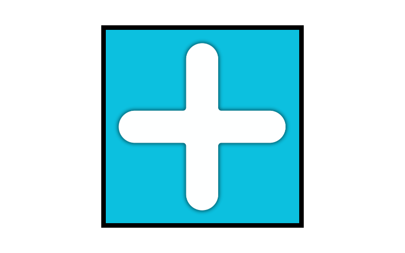 White plus sign on a blue square background