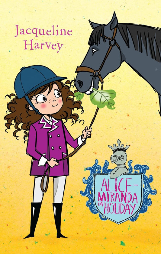 Book cover featuring a girl in equestrian attire with a horse, on a yellow background.