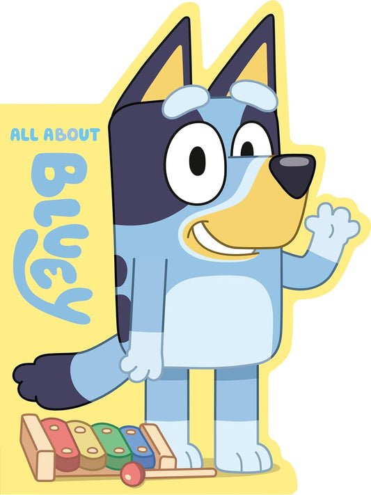 Cartoon dog character with 'All About Bluey' text on a yellow background