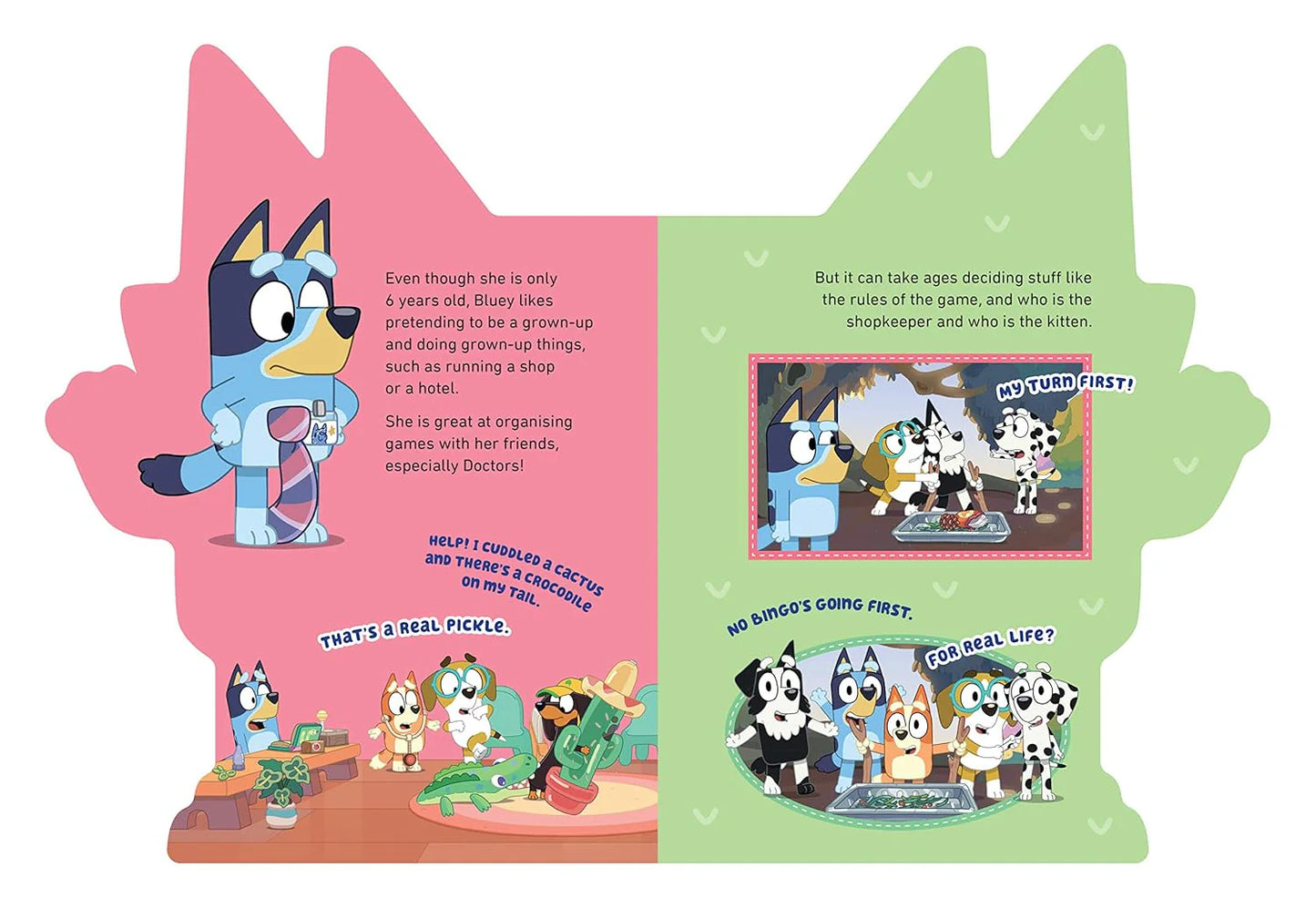 Children's book with cartoon characters on a pink and green leaf-shaped page.