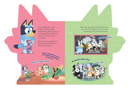 Children's book with cartoon characters on a pink and green leaf-shaped page.