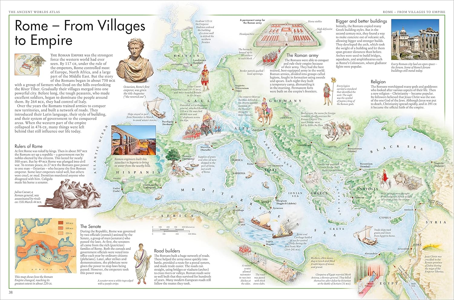 Educational map of Rome's development from villages to empire with illustrations and text.