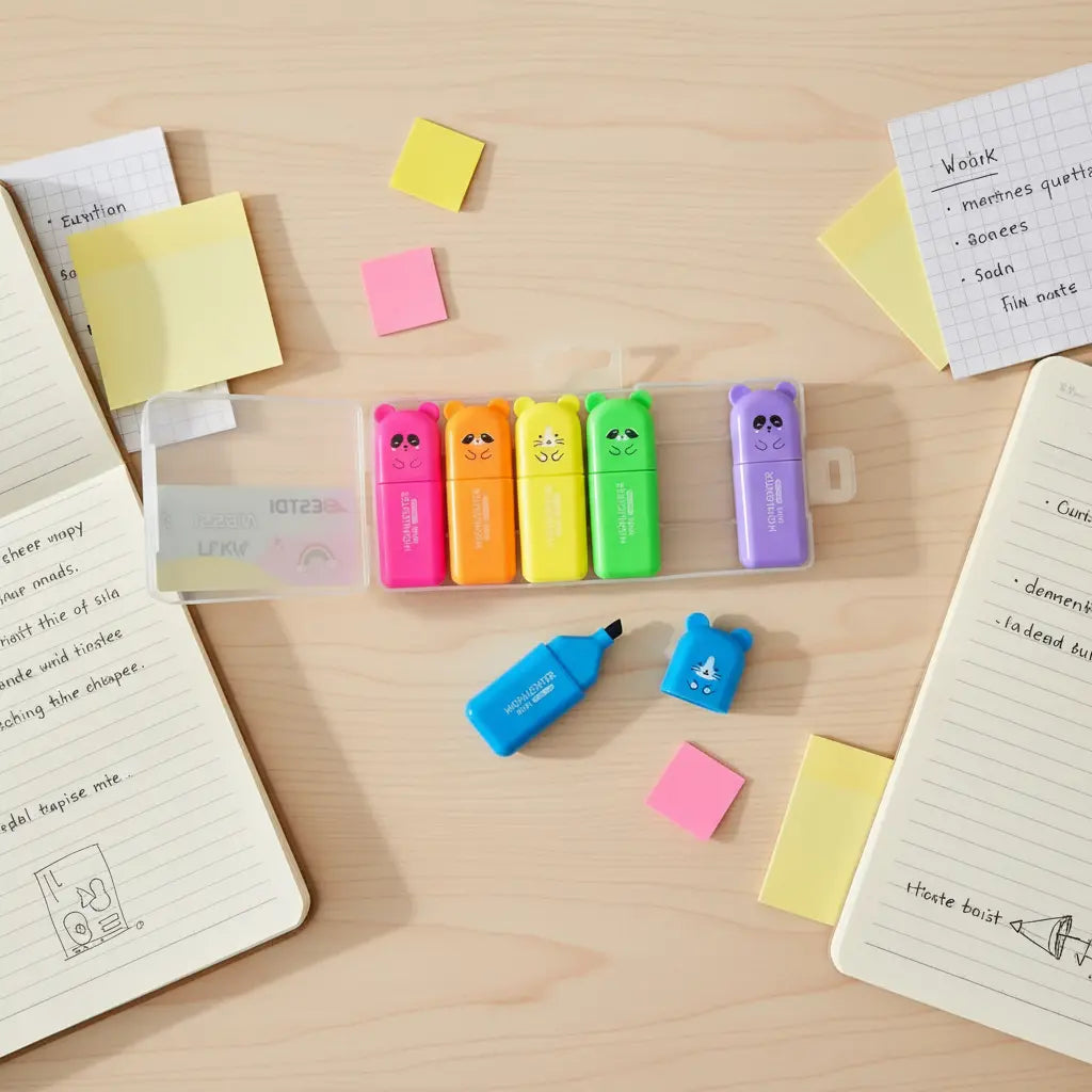 Colorful highlighters and post-it notes on a wooden surface with notebooks.