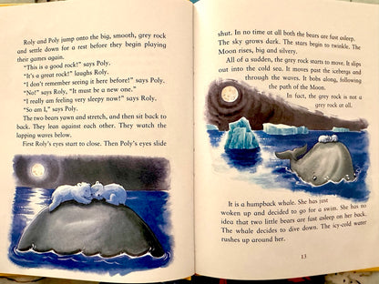 Open book with illustrations of bears and a whale in a nighttime setting.
