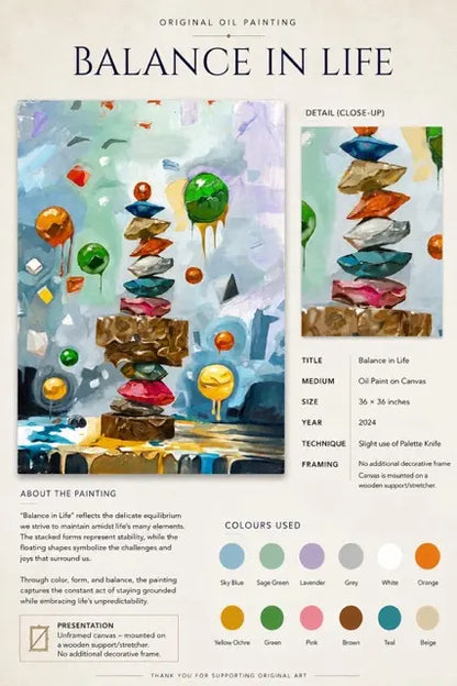 An art print or poster titled 'Balance in Life' showcasing an original oil painting with abstract colorful shapes and geometric forms. The print includes descriptive text about the painting, technical details, a color palette, and a close-up detail inset, all on a white background.
