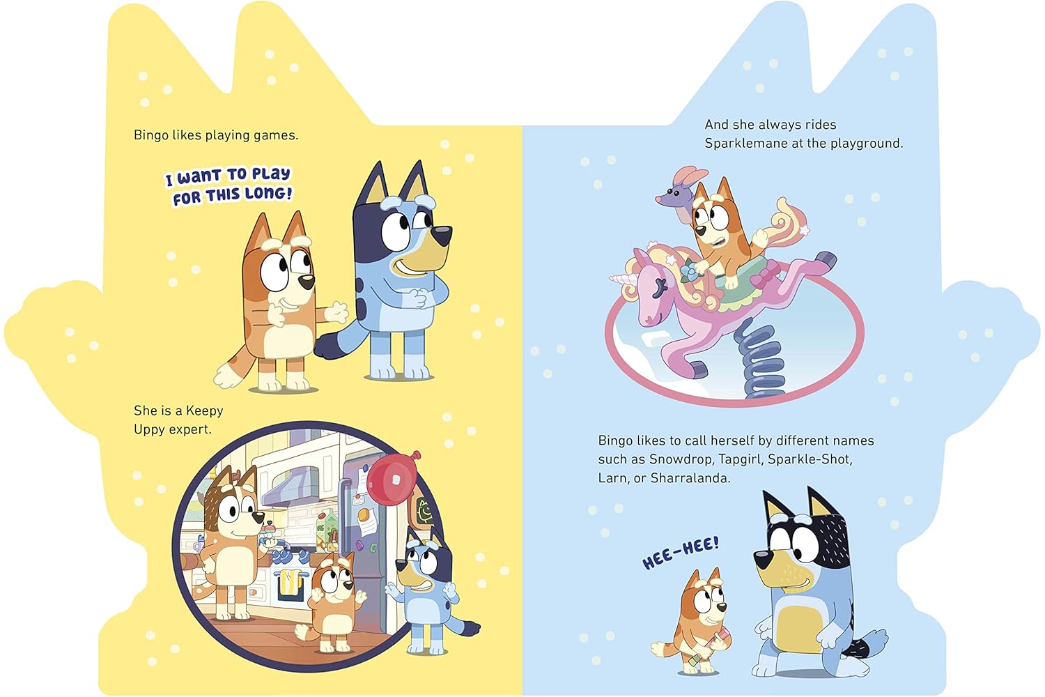Illustrated book page with cartoon characters and text about a dog named Bingo.