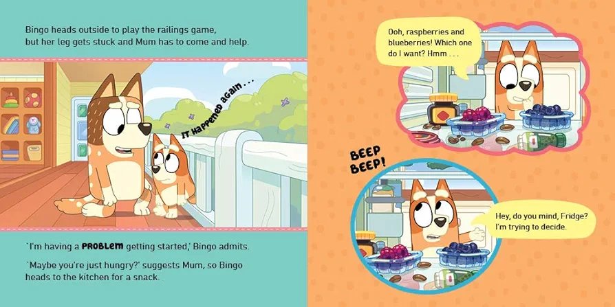 Illustrated book page with a cartoon dog character facing a problem and seeking help.