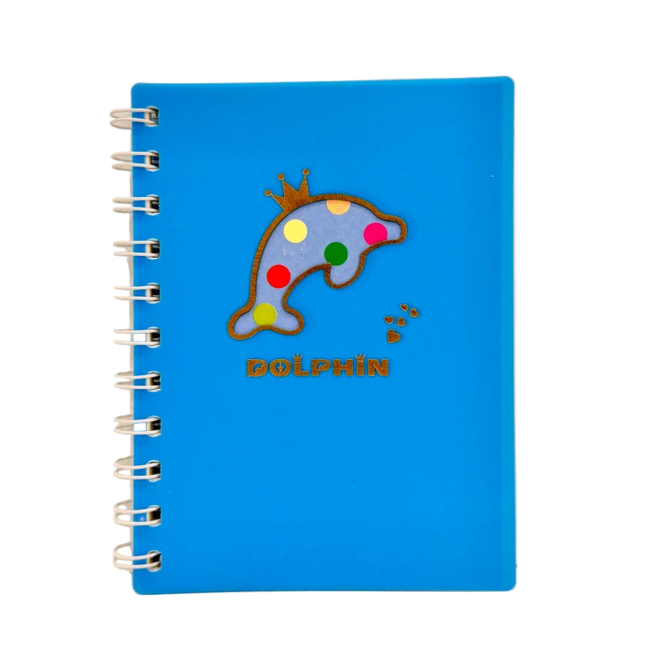 Three colorful notebooks with dolphin designs on a white background