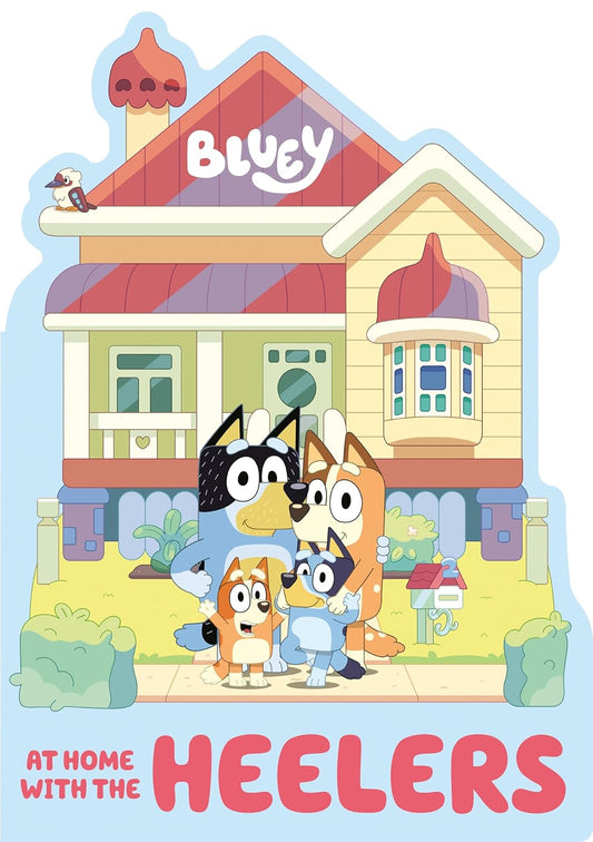 Cartoon characters in front of a colorful house with 'Bluey' branding.