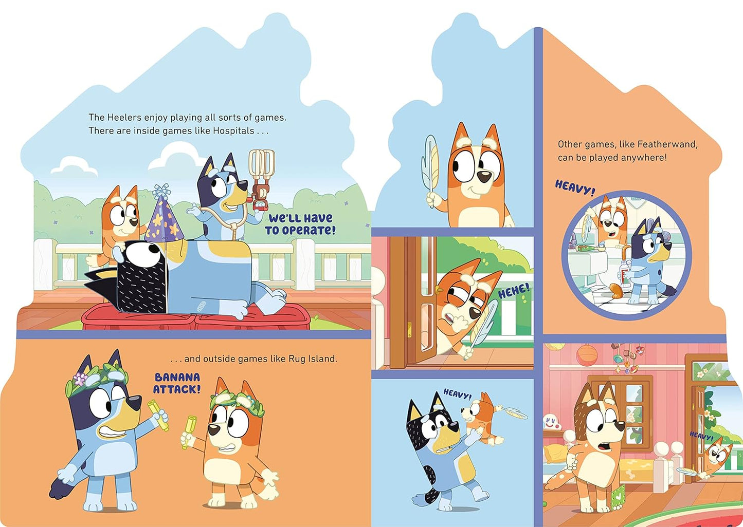 Animated characters from 'Bluey' playing various games in different settings.