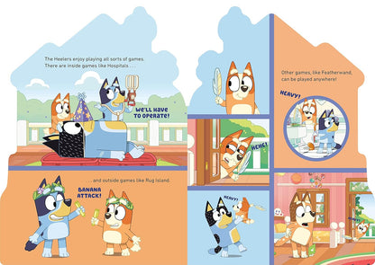 Animated characters from 'Bluey' playing various games in different settings.