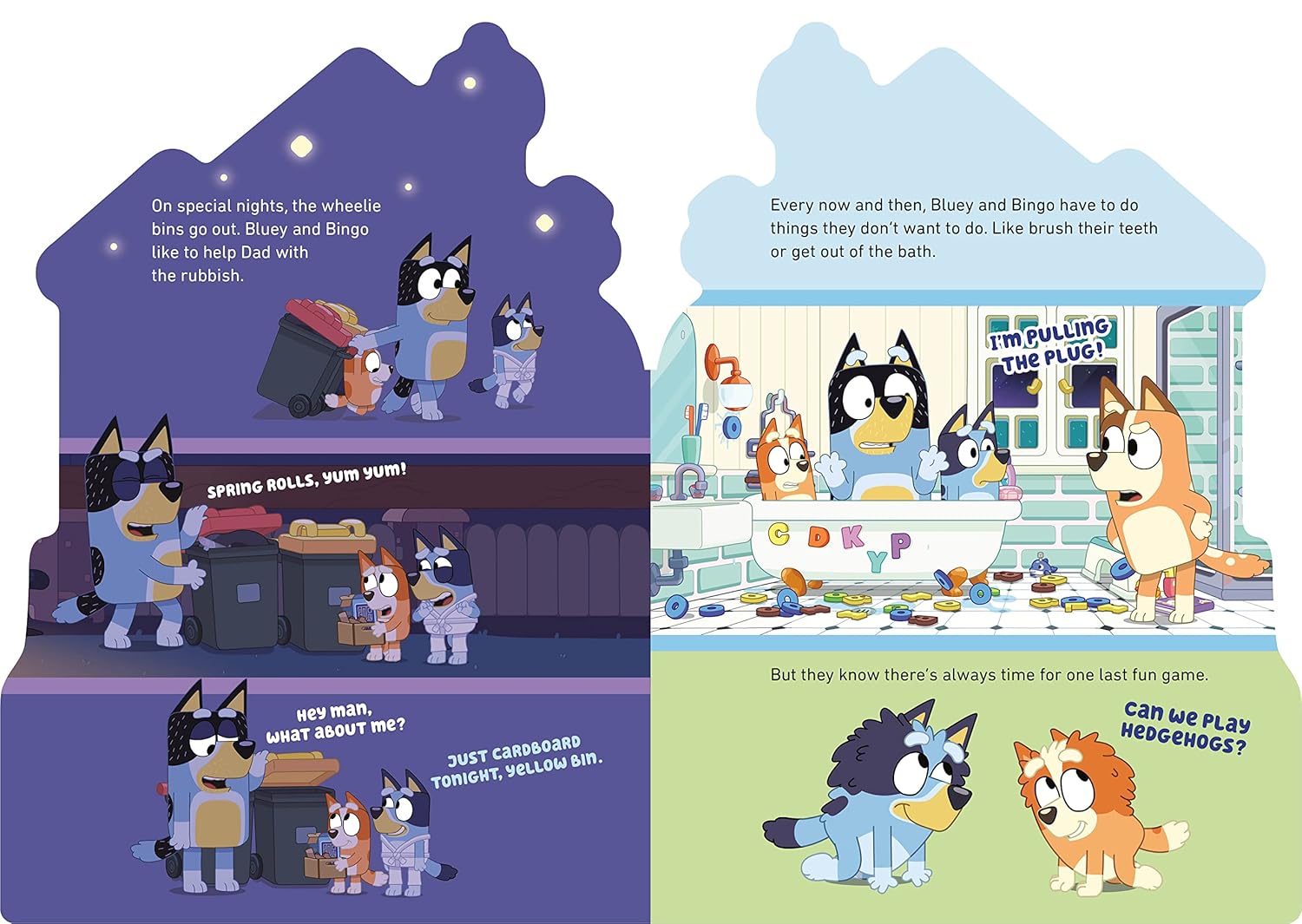 Illustrated book page with cartoon characters in a room setting