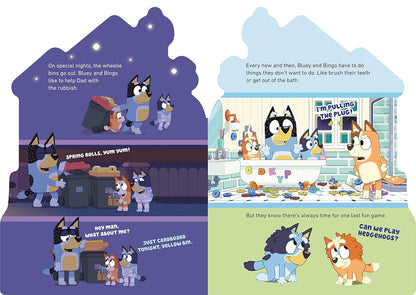Illustrated book page with cartoon characters in a room setting