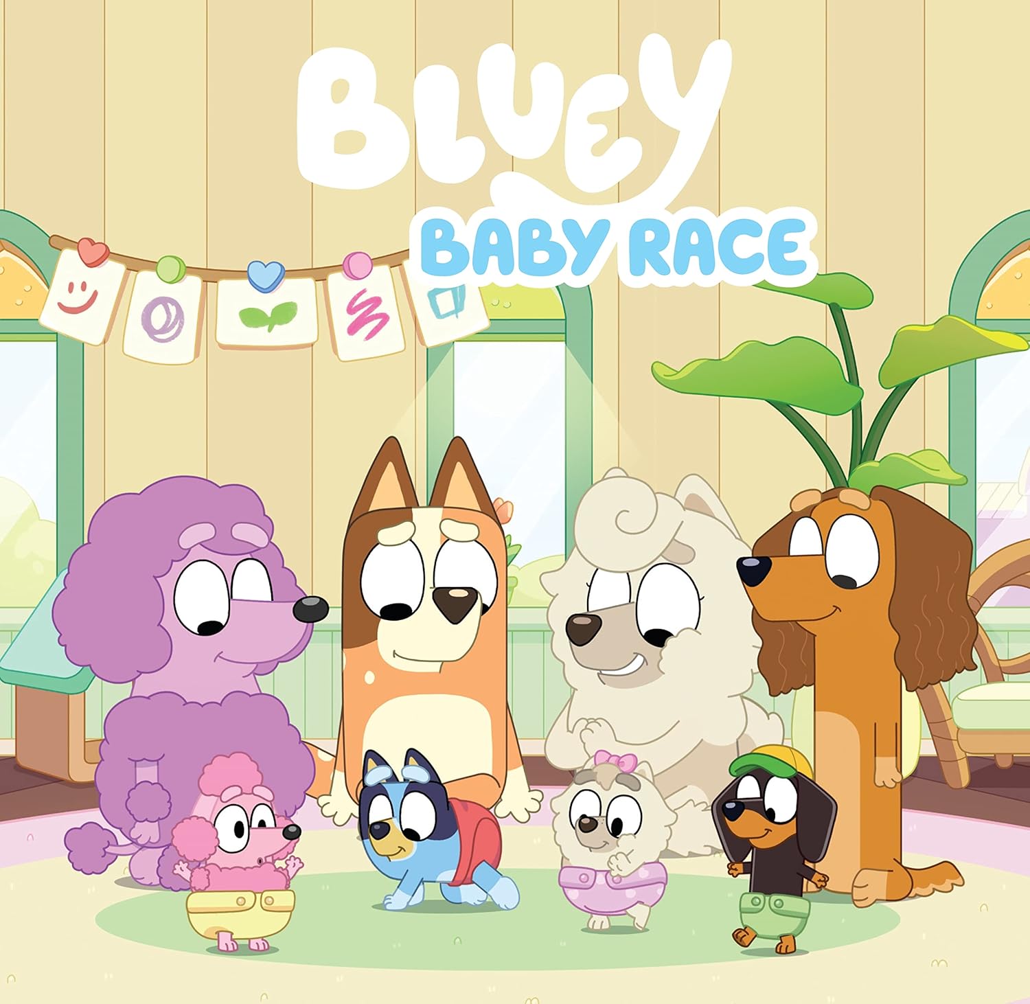 Cartoon characters from 'Bluey' in a room with colorful decorations.