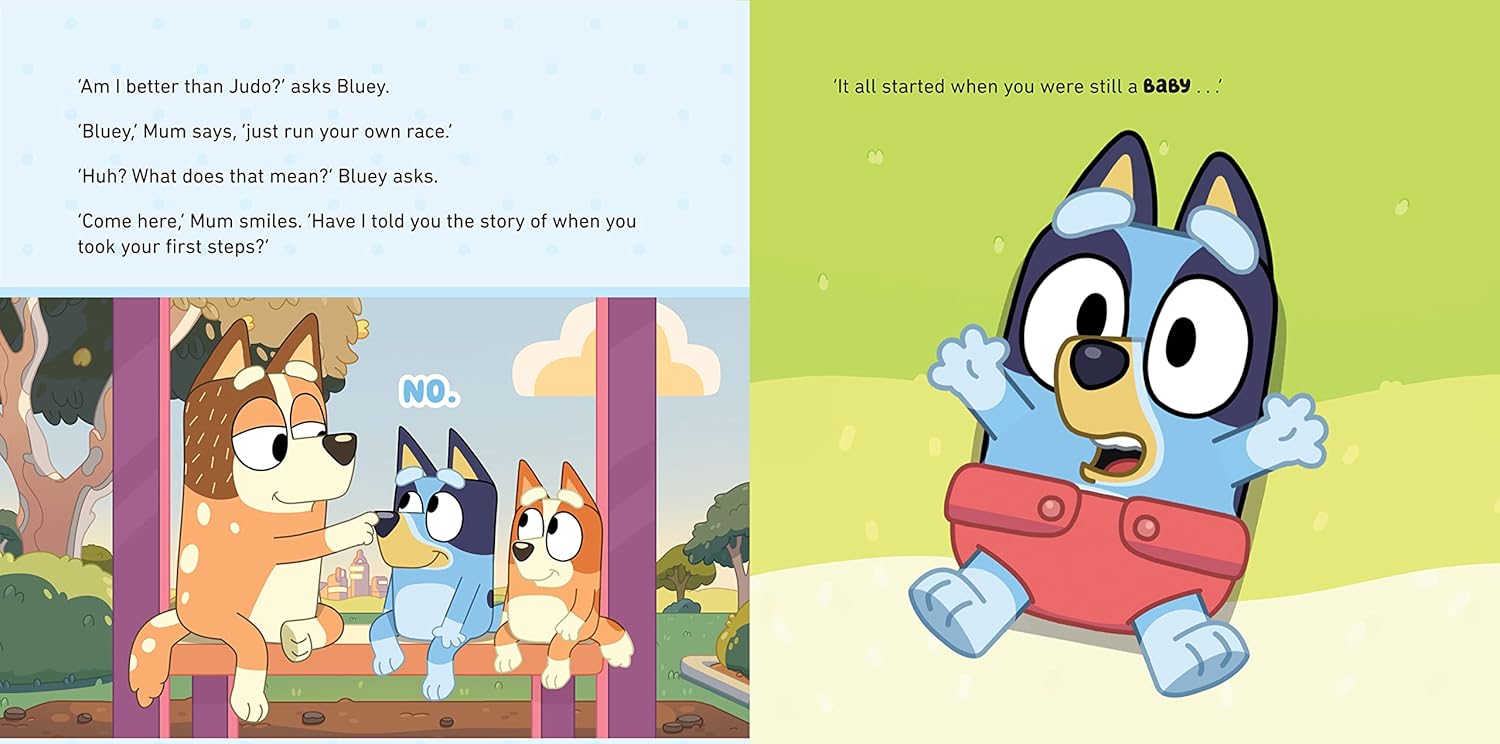 Illustrated book pages featuring cartoon characters with a child-like narrative.