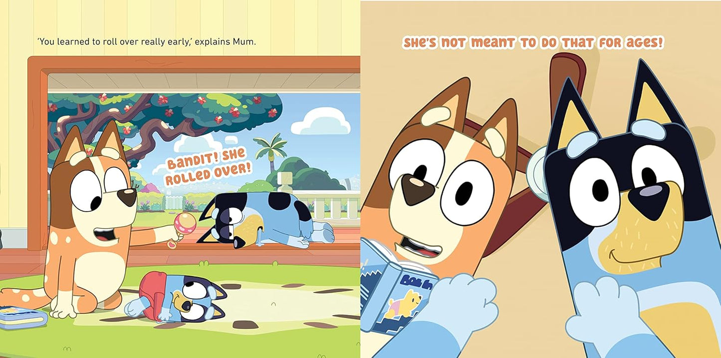 Illustration of cartoon characters from 'Bluey' with a classroom scene and two characters conversing.