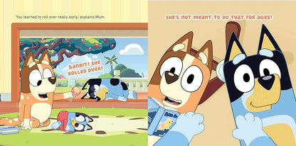 Illustration of cartoon characters from 'Bluey' with a classroom scene and two characters conversing.