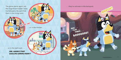 Illustrated book pages with cartoon characters in a humorous scenario.