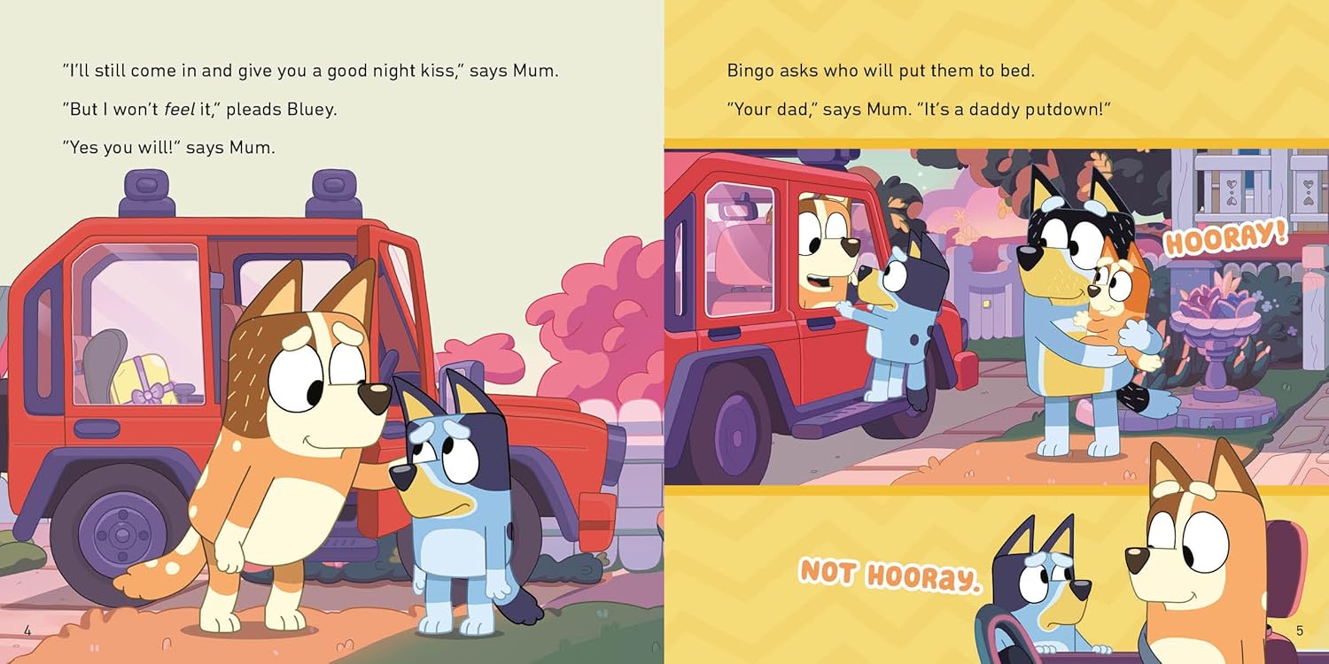 Illustrated book page with cartoon characters in a street scene.