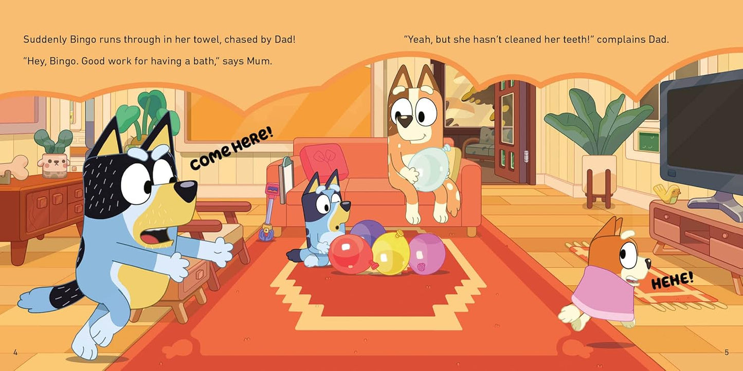 Cartoon scene with dogs in a living room, featuring a dog chasing another with a toy.