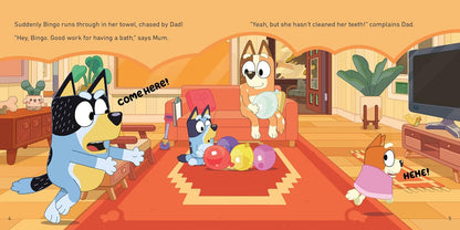 Cartoon scene with dogs in a living room, featuring a dog chasing another with a toy.
