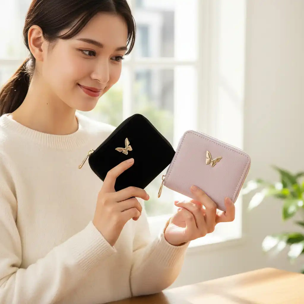 Woman holding two small wallets, one black and one pink, with a butterfly emblem.