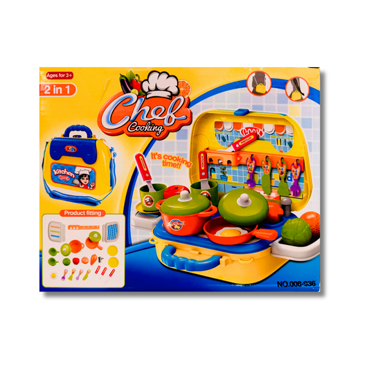Toy kitchen set packaging with colorful design and toy illustrations on a white background