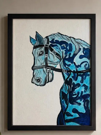 A framed painting of a horse's head and neck in profile, rendered in shades of blue, teal, and black on a textured off-white background, enclosed in a black frame.