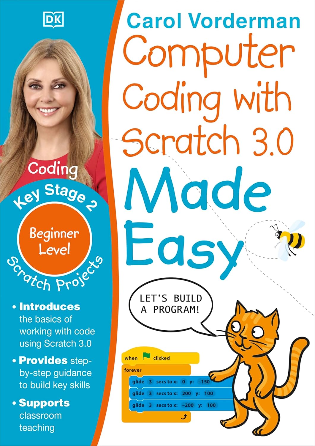 Book cover of 'Computer Coding with Scratch 3.0 Made Easy' by Carol Vorderman, featuring a cat character and text about coding education.