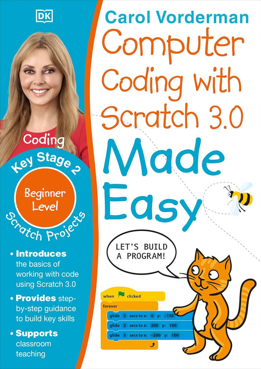 Book cover of 'Computer Coding with Scratch 3.0 Made Easy' by Carol Vorderman, featuring a cat character and text about coding education.