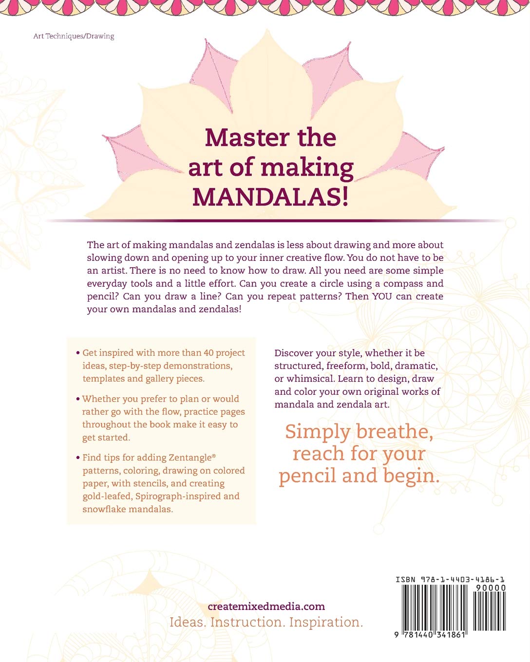 Back cover of a book about mandala art with text and decorative elements.