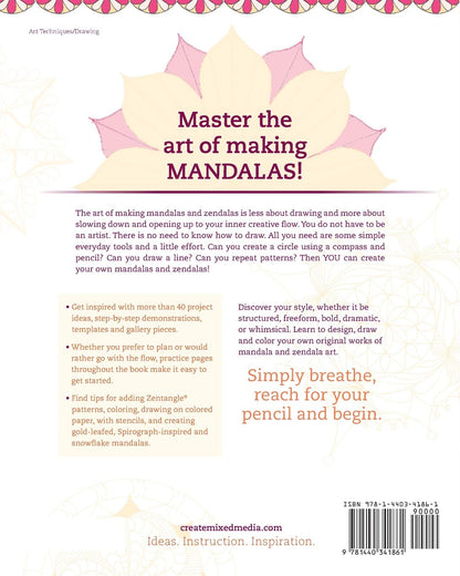 Back cover of a book about mandala art with text and decorative elements.