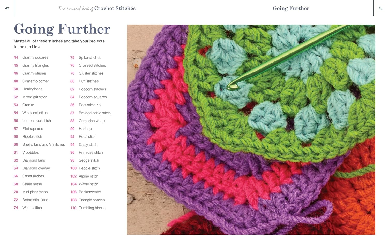 Crocheted fabric with colorful patterns on a website page about crochet stitches.